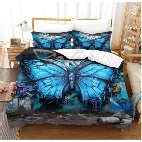 1 Parure de lit 200x200 cm, housse de couette 3D motif papillon, 2 taies d'oreiller 65x65 cm, linge adolescent (1/4)