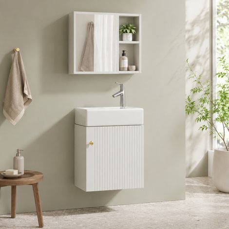Mueble de lavabo suspendido MDF blanco con lavabo cerámico, cierre suave y armario de gran capacidad