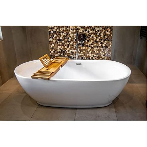 ECOLAM Baignoire autoportante en acrylique Adele 152x75cm + étagère en Bambou + siphon Click clack Baignoire îlot (1/5)