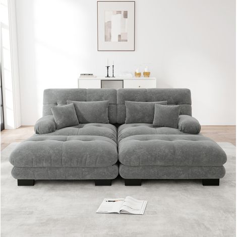Divano modulare angolare grigio in ciniglia con 2 pouf mobili e cuscini lombari (1/5)