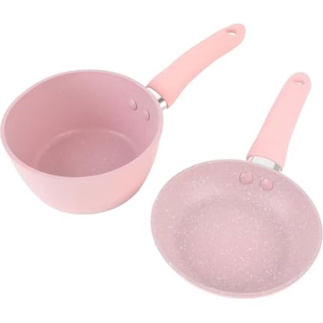 Lot de 2 poêles et casseroles, petite casserole antiadhésive légère, set d'ustensiles de cuisine rose pour soupe, lait, œufs et nouilles (1/5)