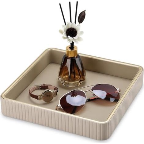 Bandeja organizadora de piel sintética - Bandeja de almacenamiento para joyas, llaves, relojes y cosméticos - Beige - Dimensiones: 23 x 23 x 4 cm (1/5)