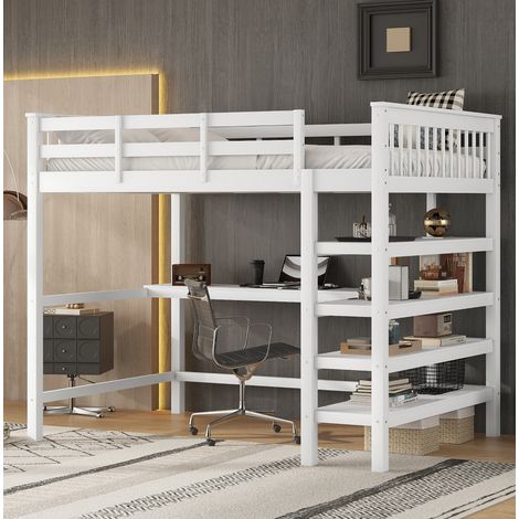MEUBLIV Cama alta 140x200 cm blanca – con escritorio y almacenaje, sin colchón (1/5)