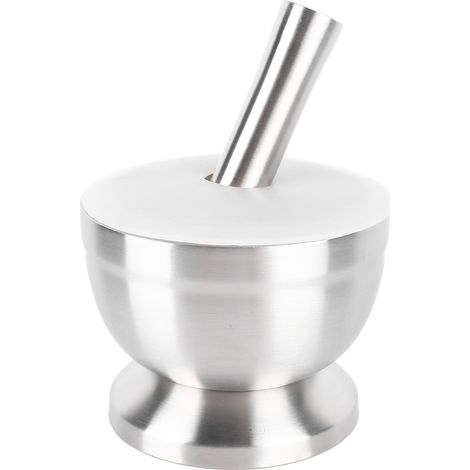 Mortier et pilon en acier inoxydable 18/8 avec couvercle en silicone, base antidérapante, apte au contact alimentaire, pour l'ail, les noix et les herbes. Grand mortier. (1/5)