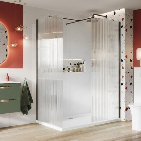 Orbit S8 Fluted Gun Metal Wet Room Glass Panel 700mm Wide - 8mm Glass