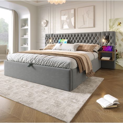 Lit coffre 180x200 cm capitonné en velours gris avec 2 chevets et liseuses USB (1/5)