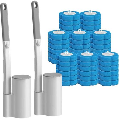 Lot de 2 brosses de toilette jetables avec 48 recharges de nettoyant pour lavabo, salle de bain, sol, Bleu (1/4)