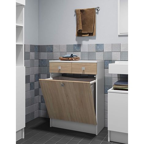 Symbiosis Combi Portabiancheria da Bagno Mobiletto Basso, Bianco e Rovere Naturale 60x29.6x81.5 cm (1/5)