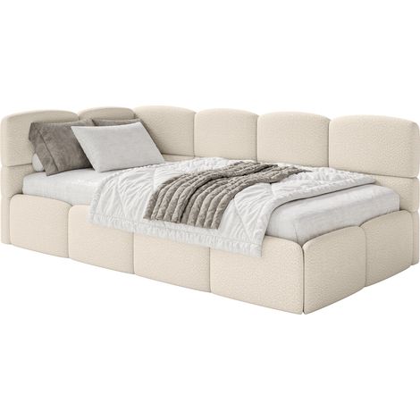 Selsey Cloudy – Jugendbett 120x200, Kopfteil links, Matratze & Bettkasten, Bouclé Hellbeige