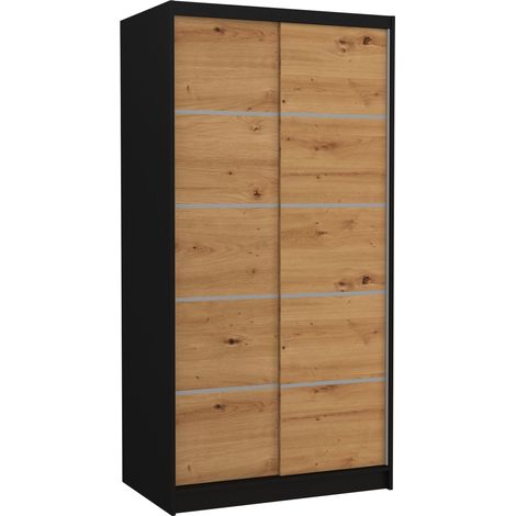 Petite armoire de chambre noir 2 portes coulissantes en bois artisan Rika 100cm (1/5)