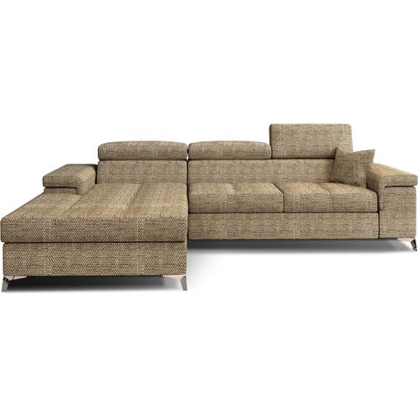 Canapé d'angle convertible tissu appuis-tête réglables RIKARO - Coffre et pieds acier chromé-Beige chiné-angle gauche (1/5)