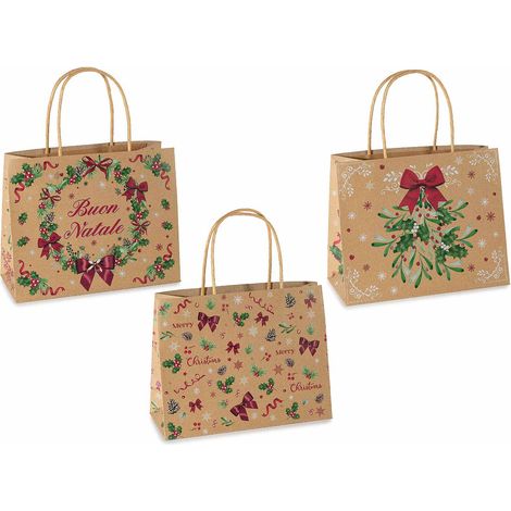Sacs cadeau moyens horizontaux en papier kraft de Noël avec anses, lot de 30, 22,5 x 10 x H. 18 cm