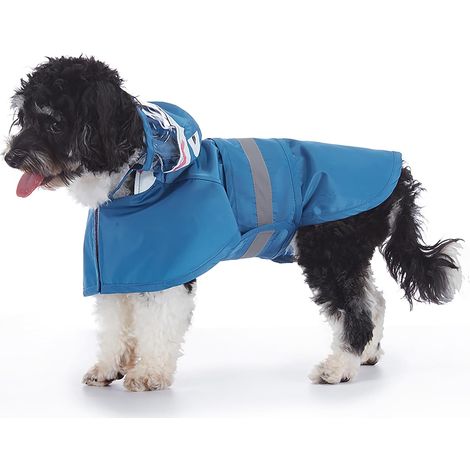 Blauer, wasserdichter Hunde-Regenmantel mit Kapuze, Größe L, atmungsaktiver, leichter, reflektierender Regenanzug für kleine bis mittelgroße Hunde (1/4)