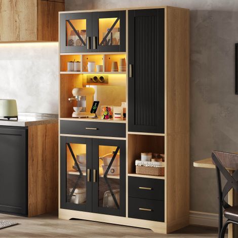 Buffet de cuisine avec led, étagères réglables et prises, noir et naturel, 105x40x185 cm