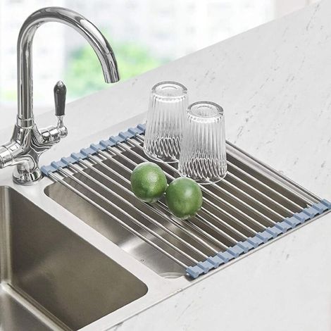 Escurridor de platos enrollable de acero inoxidable para el fregadero: escurridor plegable que ahorra espacio para una organización óptima de la cocina - Crezuo