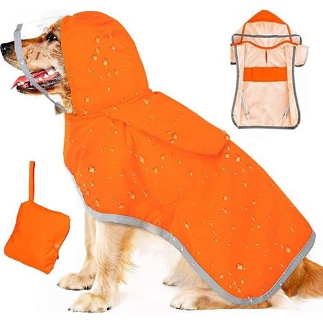 Imperméable pour chien – Capuche transparente – Bande réfléchissante – Orange – Taille M – Réglable