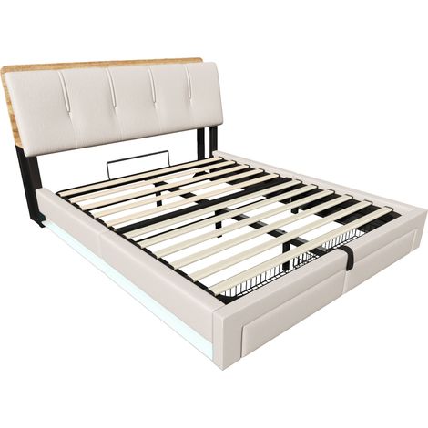 Cama con arcón tapizada 140x200 cm en lino beige con LED, USB-C y almacenaje hidráulico (1/5)