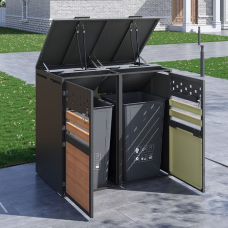Ensemble poubelle à charnières verrouillable – Double porte, découpes losange, panneau horizontal bois – Design discret et pratique (1/5)