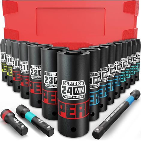 Douilles à Choc 1/2", Coffret de 18 Métriques 10-24 mm, Longues pour la Réparation Automobile et le Remplacement des Pneus - 1/2" Deep pieces (1/5)