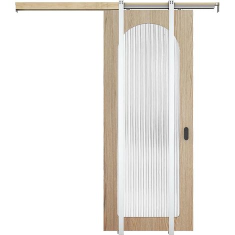 Porte coulissante avec système à galandage en bois et MDF - arche naturel clair et verre trempé cannelé - H205 x L63 cm - ODEZA (1/3)