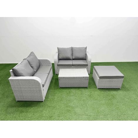 Fimous 5 Seater Outdoor Love Sofa Set Rattan Garden Furniture Set with Rectangular Coffee Table Big Footstool Light Grey (1/4)