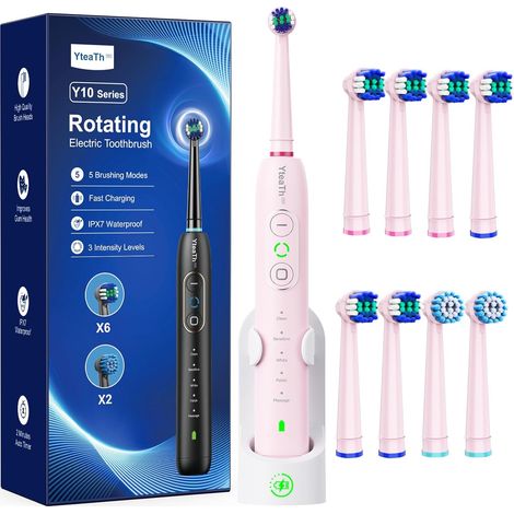 Electric Toothbrush for Adults and Kids, 8 Heads, 3 Intensities, 5 Modes, Rotating Toothbrushes with 2 Minute Smart Timer, Medium Pink (1/5)