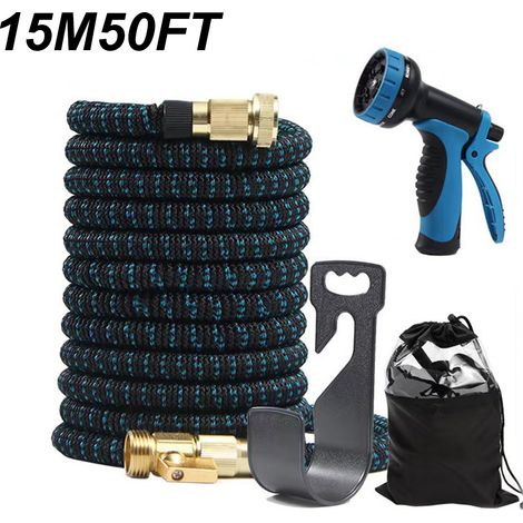Tuyau d'arrosage Extensible 15M, Tuyaux d'arrosage Flexible 50FT, avec pistolet pulvérisateur à 10 fonctions, Pour l'extérieur, Bleu (1/5)