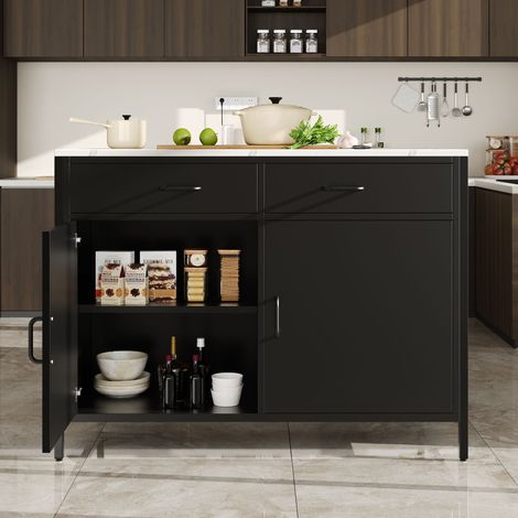 Grande table de cuisine noire moderne basse,plateau imitation marbre sur pieds réglables pour salon et salle à manger.