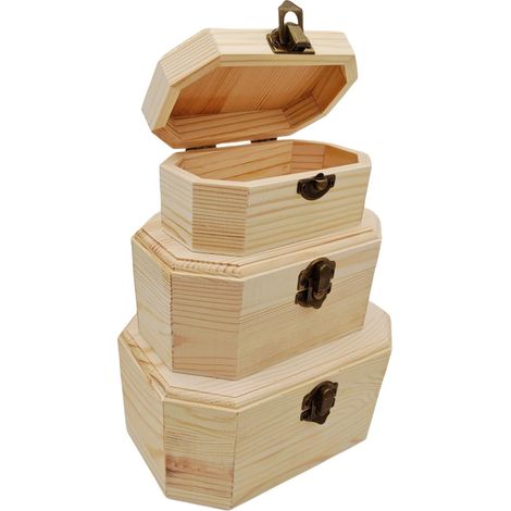 3 boîtes de rangement en bois imitation coffre au trésor, 3 tailles, non finies, avec fermoir et couvercle à charnière, boîte de rangement pour bricoler et organiser les souvenirs (1/5)