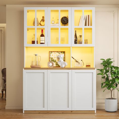 Vetrina - 120 x 40 x 200 cm - credenza alta con illuminazione LED app, mobile da cucina con ante in vetro - stile vintage moderno - MDF - bianco, effetto legno (1/5)