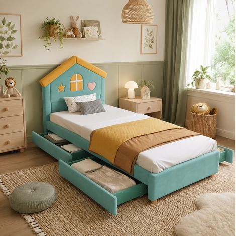 Cama infantil 90x200 cm de terciopelo azul verdoso con almacenaje, sin colchón FloraGrace (1/5)