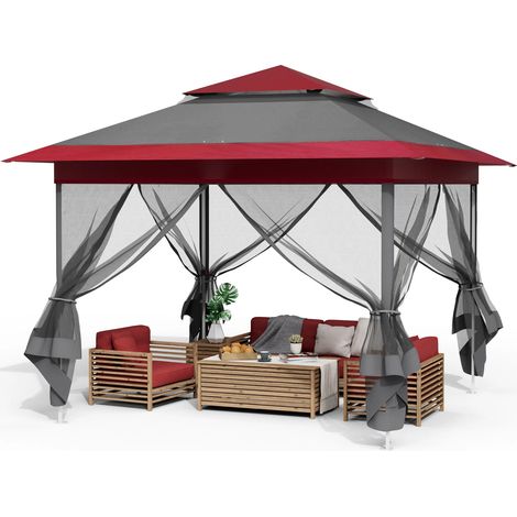 Faltpavillon 3,3 x 3,3 m mit Moskitonetzen, wasserdicht, UV-Schutz 50+, rot-grau (1/5)