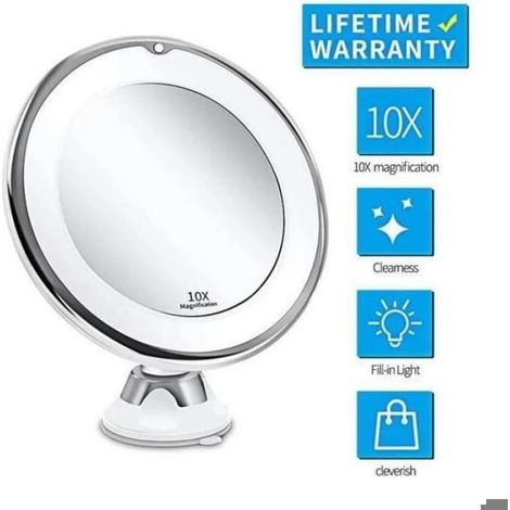 Miroir De Maquillage - Grossissant 10x - LED Circulaires - Rotation 360° - Ventouse Intégrée - Gris (1/3)