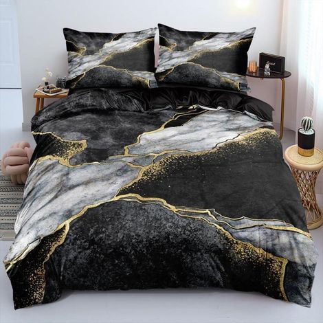 Bettwäsche 135x200 cm 2tlg Marmor Grau Schwarz Mikrofaser mit Reißverschluss