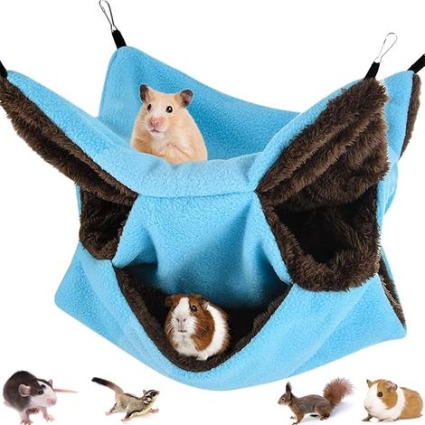 Hanging Bed for Rodents - Triple Hammock for Small Pet Cage, Soft and Warm, for Hamster, Guinea Pig, Chinchilla and Ferret - Transport 30 x 30 cm, Blue (1/5)
