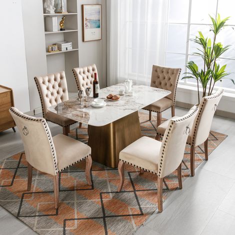 Sillas de comedor 6 uds acolchadas con aplique llamador y clavos respaldo terciopelo camel (1/5)