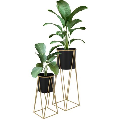 ML-Design Set di 2 Portafiori Nero-Oro 21,8x22x47cm 25x25x71cm in Acciaio Struttura in Metallo Porta Piante Porta Vasi da Fiori 2 Pezzi Supporti Fioriera Decorazione Fioriere da Interno Esterno (1/5)