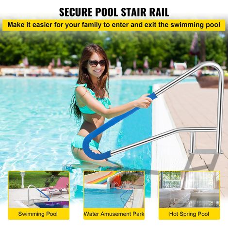 Main courante piscine 139.7x81.3 cm en acier inoxydable 304 argent anti-corrosion 113.4 kg capacité rampe balnéo avec manchon bleu, foret M8 et vis autotaraudeuses (1/5)