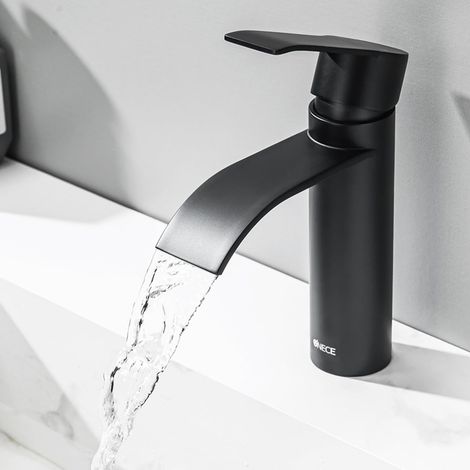 ONECE Grifo Lavabo Negro, Grifo de Lavabo Cascada, Mezclador para Lavabo dal Design Unico, Grifos Baño Monomando de Acero Inoxidable 304, Función Frío y Caliente, Válvula de Cerámica (1/5)