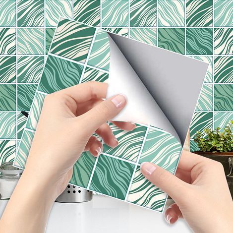6 pièces carreaux de sol à rayures vertes (20 x 20 cm) – Carreaux autocollants pour cuisine, salon, salle de bain et décoration intérieure auto-adhésive PVC (1/5)