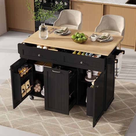 Isola cucina 140x40-70x92 cm MDF/truciolare nero e naturale, estensibile mobile – MEUBLIV (1/5)