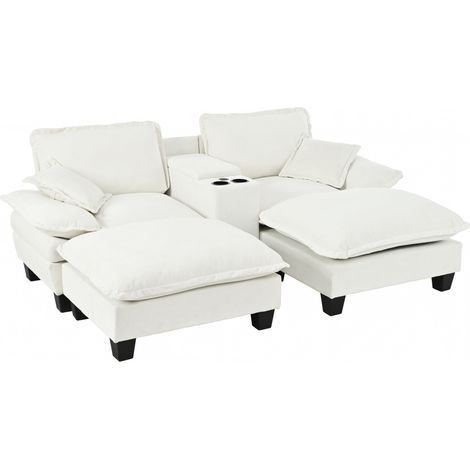 ELVMI Sofá Modular con Almacenaje, USB, Portavasos y Otomana Extraíble, en Chenilla, Beige 224 x 151 x 90 cm (1/5)