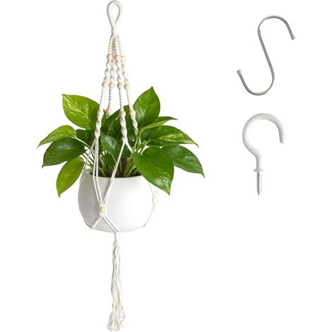Pot suspendu pour plantes tissé à la main - En coton - Style bohème - Avec crochets en S et crochet de plafond - Pour pot de fleurs, balcon, salon, chambre à coucher (1/5)