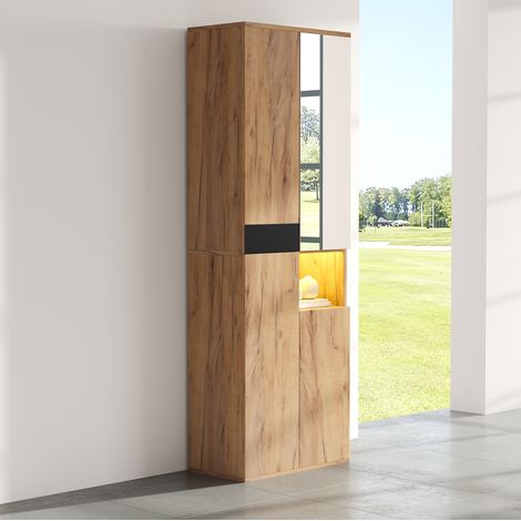Armadio alto con specchio, 4 ante e nicchia aperta, 65 x 35 x 190 cm, nero e naturale DESVIAE (1/5)