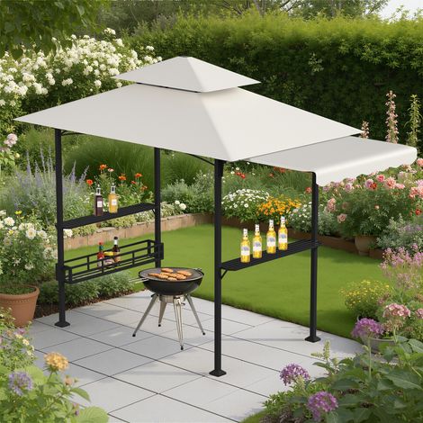 Wolketon Grillpavillon 238x148x250 cm mit Seitenmarkise Beige Metallrahmen 2 Ablagen
