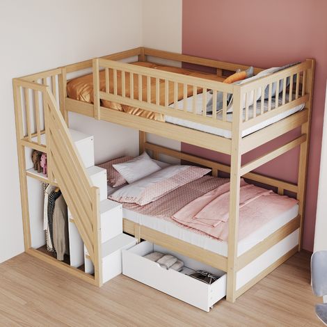Letto a castello bambino 90x200 cm con cassetti, sponda di sicurezza e rete a doghe, in legno, senza materasso (1/5)