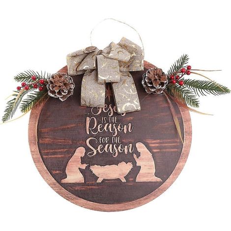 Crèche de Noël en bois avec nœud et pommes de pin, décoration rustique à suspendre pour porte d'entrée, fenêtre ou mur. (1/5)