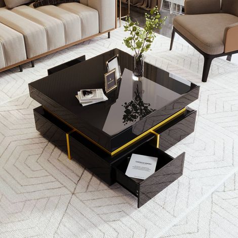 Table basse laquée avec tiroirs et accents dorés, style salon, design élégant (1/5)