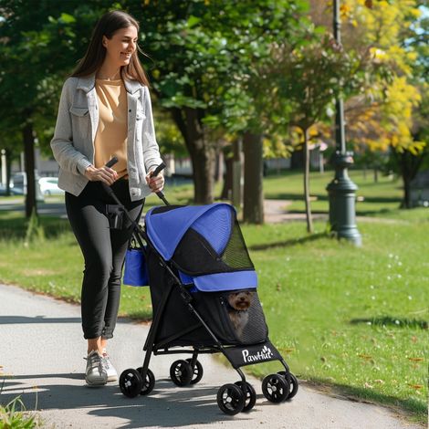 Poussette pliable pour chien et chat jusqu’à 4 kg, fenêtres filet, bandoulière, sac rangement, porte-gobelet, parapluie – bleu foncé (1/4)