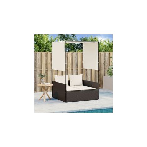 Chaise longue double avec toit et rideaux marron résine tressée (1/5)